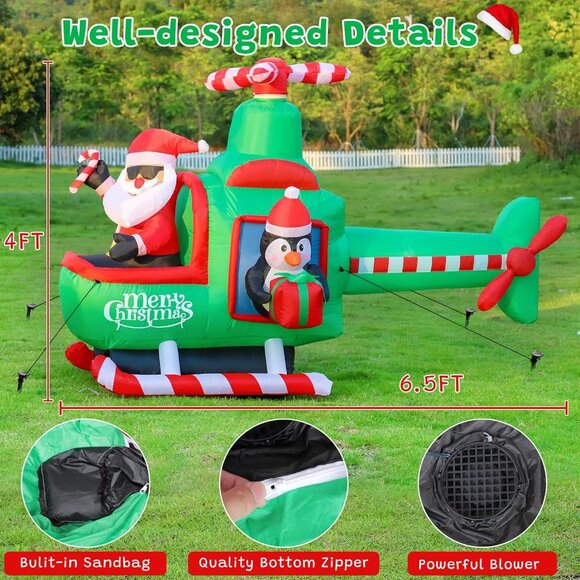 ⚡6.5FT Christmas Inflatable Helicopter Santa Claus on Outdoor Decorations - Picture 3 of 6